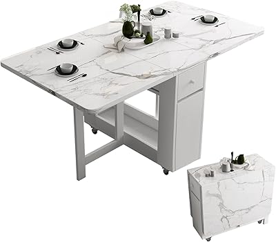 Foldable dining table with storage shelf and 2 storage drawers, stretch and mobile kitchen table, dining table in 3 funrolux styles (white).. Shop with purpose at DIAYTAR NIGERIA, where diverse selection meets budget-friendly nationwide delivery.