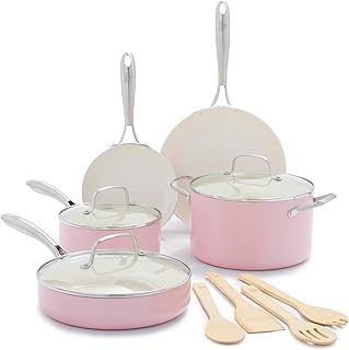 Set of kitchen battery and non -stick ceramic stoves green life craftsman, 12 pieces, light pink.. Your everyday shopping destination, DIAYTAR NIGERIA offers quality and value delivered within days.