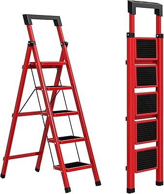 Large non -slip scabeau for home, portable folding ladder, robust multifunctional scale for the office at home inner and exterior, quality upgrade, red (5 steps).. DIAYTAR NIGERIA brings the marketplace to every Nigerian home with affordable prices and quick delivery.