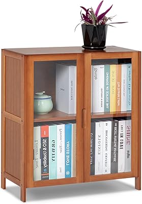 Monibolum bamboo storage cabinet with transparent doors with 2 levels for buffet, service table, roasting and small appliances, brown.. DIAYTAR NIGERIA connects Nigerians with quality products at affordable prices, delivered in 5-8 days nationwide.