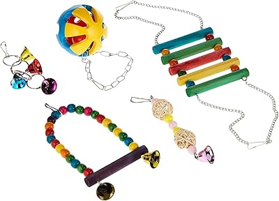 A set of toys for parrots of 5 rooms, a hanging bell, a swing attached to the animal's cage and birds, hanging toys for small birds, calopsittes, conures, spaches, parrots and lovebirds.. DIAYTAR NIGERIA connects desires with reality through affordable prices and reliable delivery service.
