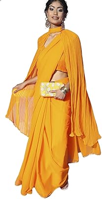 WAMNISTA SARI Polyester Georgette Uni Navy Blue For Women with Dress and Ornée Border, Yellow, One Size.. DIAYTAR NIGERIA connects you with thousands of products at competitive prices, delivered within a week.