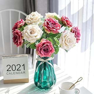 Bouquets of artificial flowers in silk and plastic for Christmas table decoration, elegant flowers for table, house, office, party, garden, artistic decoration (red rose + white).. DIAYTAR Nigeria: Where affordability meets speed and quality.