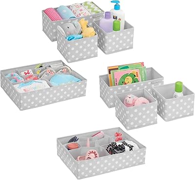 Set of cupboard organizer and MDesign soft fabric drawer - cupboard organizer for children's room or child bedroom - 8 storage bins - pea - Light gray set with white pea.. DIAYTAR NIGERIA: Your affordable marketplace with reliable 5-8 day shipping across Nigeria.