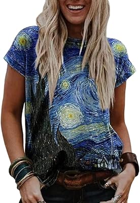 The starry night of Vincent Van Gogh Printed T-shirt for Women Floral Floral Floral T-shirt T-shirt Vintage with short sleeves.. DIAYTAR NIGERIA: Connecting Nigerians with their needs through our affordable and diverse marketplace.