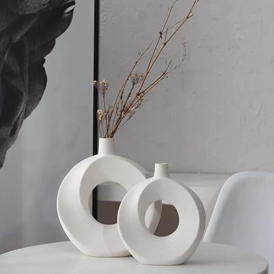 Set of 2 vases in the shape of a white ceramic donut for a unique decoration, simple and modern interior decoration for the house, the office, the house, perfect | gifts.. From household needs to gadgets, DIAYTAR Nigeria has it all.