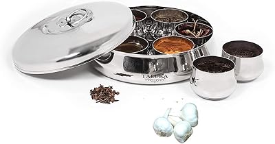 Intelligent cuisine Masala Dabba / Spice Box / Organizer / Masala Dhani in stainless steel with 7 containers, spoons and lid with handle (size L, silver).. Shop from Nigeria's largest product selection at DIAYTAR, with budget-friendly prices and swift delivery.
