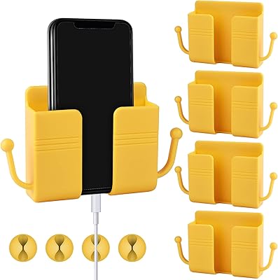 4 -piece sticker wall telephone support, wall phone support with hooks and 4 cable clips, wall telephone support for mobile loading and wallpaper for remote control in the kitchen and living room (yellow).. DIAYTAR NIGERIA: Where shopping is affordable, selection is vast, and delivery is always reliable.
