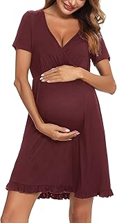 Dwaraha pregnancy night shirt for breastfeeding women, V -neck, 3/4 sleeves, cotton nightgown with ruffles.. DIAYTAR NIGERIA revolutionizes online shopping with competitive prices and reliable 5-8 day delivery.