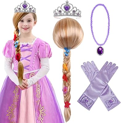 Rapunzel princess wig with princess crown, necklace and gloves, costume accessories for children and girls.. DIAYTAR NIGERIA: Your trusted e-commerce partner with extensive product choices and affordable delivery.