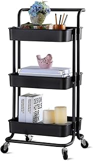 U-Home kitchen storage trolley, removable storage support, bathroom shelf with casters and armrests, fine rotary storage support (3 levels, black).. Experience the DIAYTAR difference with our vast product selection and delivery within 5-8 days.