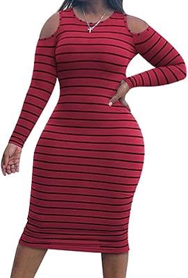 Mid-laundled mid-length dress with round neck for women, bare shoulders, striped, long sleeves, for autumn.. Discover the joy of online shopping with DIAYTAR NIGERIA's budget-friendly prices and reliable shipping.