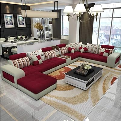Simple and modern U -shaped sofa for the living room, removable long sofa in multicolored cotton and linen multicolored fabric, red, red.. Experience the joy of convenient shopping with DIAYTAR NIGERIA's vast selection and quick delivery service.