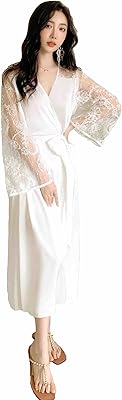 Nuital shirt in soft silk muslin with long sleeves and V -neck for woman, sexy outdoor clothes with long sleeves, aura wedding pajamas, night clothes, white, white lace with long sleeves, one -waist.. Shop with purpose at DIAYTAR NIGERIA and receive products at unbeatable prices within the week.