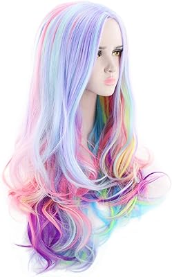 Long and curly wavy rainbow hair wig, a large, rainbow wigs for women, synthetic bangs wig, heat resistant wig for music festival, theme evenings, wedding, concerts, appointments, cosplay and more.. Shop from anywhere in Nigeria with DIAYTAR's extensive selection and budget-friendly shipping options.