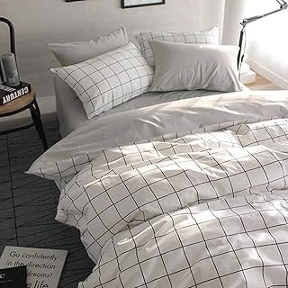 Queen/Full Cotton bed set with 2 pillowcases, gray and white checkered pattern.. Shop smart and save with DIAYTAR NIGERIA's extensive product range and 5-8 day delivery guarantee.