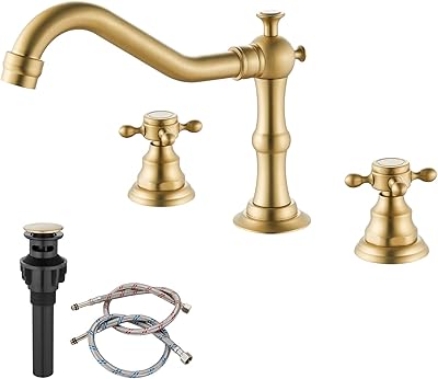 Victorian polished gold bathroom sink tap, hot and cold 3 -hole mixer with retractable shot and double crossed handles.. Enjoy stress-free shopping with affordable prices on DIAYTAR Nigeria.