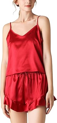 Set of house clothes Two rooms in female silk, SHORT with V -neck, Sexy Lingerie Set for Girls (Red, L).. DIAYTAR Nigeria: Great value, fast delivery, and endless options.