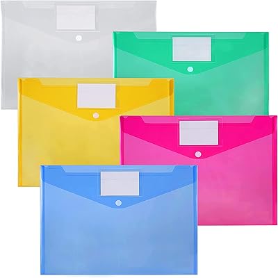 A4 format plastic envelopes, 5 pieces of pockets for transparent plastic documents with pocket for labels and button closure for school, house and desk, 5 colors.. From daily deals to exclusive products — DIAYTAR Nigeria has you covered.