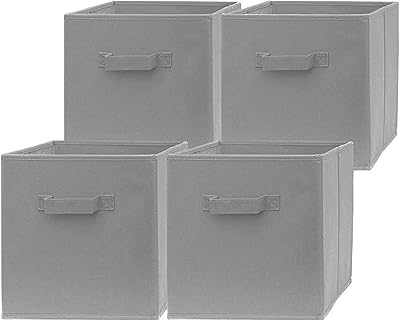 Set of 4 foldable cubic storage bins in light gray fabric with handle, perfect for the house and the desktop.. DIAYTAR NIGERIA: Your affordable gateway to thousands of products shipped nationwide within the week.