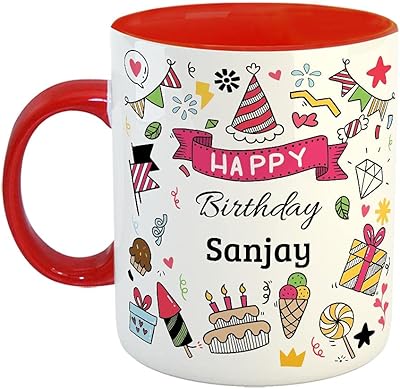 Ceramics Cask Furnishfantasy Happy Birthday - Best birthday gift for son, daughter, brother, sister, Children's return gift - Red, Name - Sanjay.. DIAYTAR NIGERIA: Where shopping is a pleasure with affordable prices and reliable delivery service.