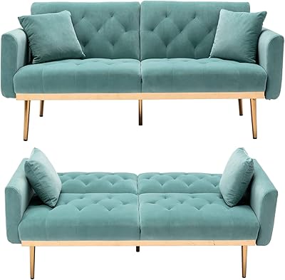 Convertible velvet sofa bed, modern padded sofa bed with 2 cushions and 5-foot gold plated base, adjustable foldable sofa (light blue, velvet).. DIAYTAR NIGERIA: Where every click leads to affordable purchases delivered promptly to your door.
