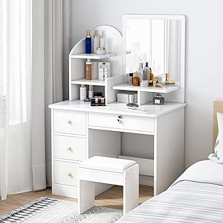 Dressing set, removable wooden makeup table with mirror padded stool and 4 storage drawers, bedroom furniture, cosmetic gift for girls and women (white).. Experience retail satisfaction with DIAYTAR NIGERIA's comprehensive platform and prompt shipping service.