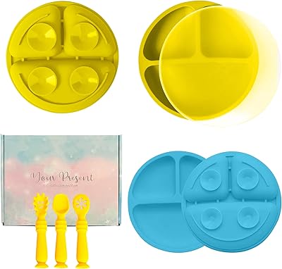 2 silicone plates with covers for babies and toddlers, plates divided with high aspiration in 4 points, cover for easy storage of foods, spoon and forks in withdrawal silicone, set of dishes that stay in place (yellow and blue).. Navigate through thousands of products at pocket-friendly prices with DIAYTAR NIGERIA's easy-to-use platform.