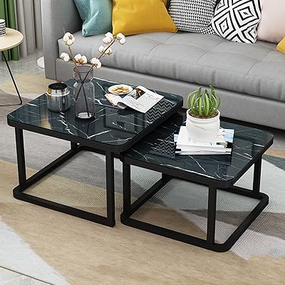 Modern coffee table, square leg table, set of 2, marble side table with robust steel structure, for small spaces, living room, balcony, desk, 70 + 60 cm.. Why wait? Get your order in 5–8 days with DIAYTAR Nigeria.