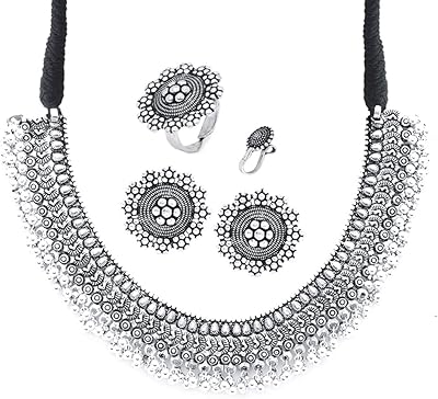 Traditional German classic necklace in oxidized silver with earrings, set of jewelry for women and girls by Yellow Chimes, silver.. Transform your online shopping experience with DIAYTAR NIGERIA's affordable and diverse marketplace.