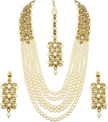 Aheli Classi False Kundan pearl necklace with Mang Tikka set, Indian ethnic wedding jewelry for women.. Shop from anywhere in Nigeria and receive your DIAYTAR purchases at affordable prices within a week.