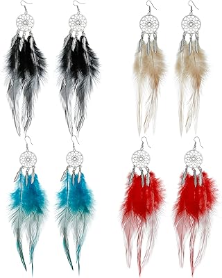 Eachar 4 pairs of feathered feathered feathered earrings, dreams, feathered earrings, bohemian style, long feather earrings, hanging pendant earrings, set for women and girls (Fe00001).. DIAYTAR NIGERIA transforms online retail with unbeatable prices and consistent delivery timeframes.