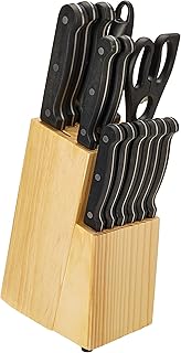 Set of 14 Amazonbasics kitchen knives with stainless steel blades with high carbon content and pine wood blocks, black.. DIAYTAR NIGERIA: Where shopping meets satisfaction with affordable prices and delivery within 8 days.
