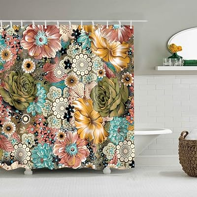 Shower curtain with floral design for bathroom and bathtub with 12.. DIAYTAR NIGERIA connects your desires with reality through our affordable e-commerce platform and quick delivery.
