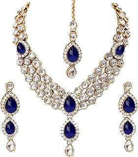 Indian wedding clothing Aheli Kundan Maang Tikka, set of earrings and necklace, traditional Bollywood for women jewelry.. From fashion trends to home essentials — find it on DIAYTAR Nigeria.