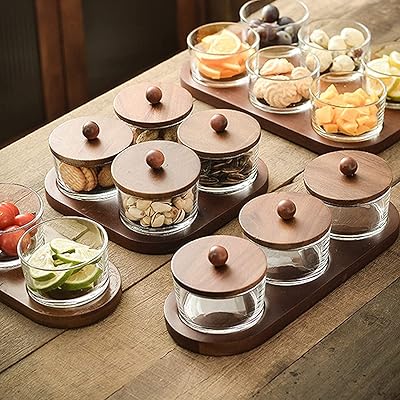 Round glass snack plate with bamboo cover, separate dessert plate, divided dried fruit bowl (4 bowls).. Experience the DIAYTAR difference with our vast product selection and delivery within 5-8 days.