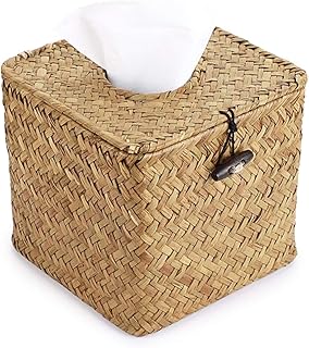Square handkerchief box in sea rush with decorative woven paper support and handkerchiefs dispenser.. DIAYTAR NIGERIA: Where thousands of products meet affordable prices and reliable 5-8 day delivery.