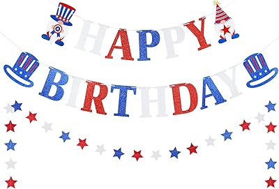 Banner of Happy Birthday with Red, White and Blue Sequets - Birthday Decorations of July 4, Patriotic Christmas decoration of July 4.. DIAYTAR NIGERIA delivers on every promise with our affordable prices and nationwide delivery service.