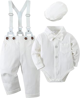 Baby boy costume, gentleman clothing for toddlers, dressed shirt + tie + beret + pants with removable straps 0-18 months.. One platform, endless products — welcome to DIAYTAR Nigeria.