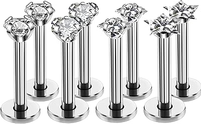 4 pairs of 16g ​​of different forms in cubic zirconia, monroe labret, tragus lip ring, helix nail, earring, drilling jewelry, stainless steel surgical 316L, 8 mm bar with 3 mm transparent CZ top.. DIAYTAR NIGERIA: Where quality meets affordability, with thousands of products delivered in less than 8 days.