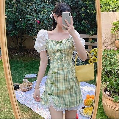 Dress A Cheongsam Checksum for Women's Cheongsam, Korean Summer Dress in Slug Mousseline with puffy sleeves.. DIAYTAR Nigeria: Great value, fast delivery, and endless options.