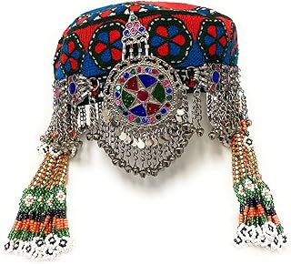 Turkmene tribal hat Ertugio Rul Halime Sulihm-N with suspended ornament of yellow bells, strong sounds, glass stones and pearls.. Join the movement — fast, affordable shopping only at DIAYTAR Nigeria.