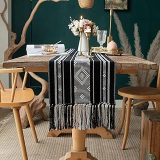 Bohemian table runner with fringes 13.5 x 71 inches, woven table runner in firm style, linen tablecloth for bedroom and party (black and white).. DIAYTAR NIGERIA brings online shopping to every Nigerian with affordable prices and reliable shipping.