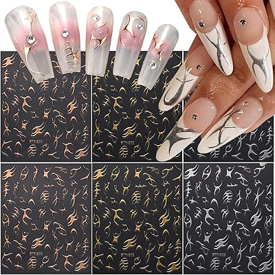 Golden 3D stickers for nail art, metallic silver flame, 3D striped nail stickers, Light gold irregular graffiti pattern, French nail supplies, 6 pieces.. DIAYTAR Nigeria: trusted by thousands for fast, reliable delivery.
