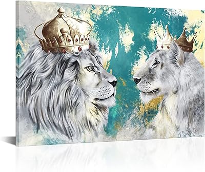 Kanbai Lion and Lioness King and Queen Wall Decoration With Golden Crown Painting On Vintage Canvas African Blue Animal For Living Room Board Framed ready to hang 61 x 91.4 cm.. DIAYTAR NIGERIA: Where shopping is affordable, selection is vast, and delivery is always reliable.