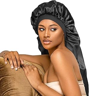 Long night hat in satin, extra wide cup in black silk for natural hair, woman's hat sleeping at night, large elastic band, very soft and comfortable (black).. One platform, endless products — welcome to DIAYTAR Nigeria.
