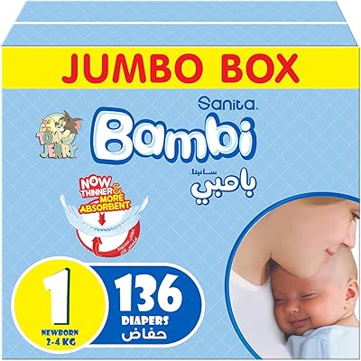 Sanita Bambi, size 1, newborn, 2-4 kg, jumbo package, 136 layers.. Shop smarter, not harder with DIAYTAR NIGERIA - thousands of products at your fingertips with affordable delivery.
