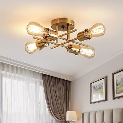 Modern Spoutnik Chandelier Qcyuui, semi-condic ceiling lamp with 4 lights, golden industrial ceiling light in the middle of the century for farm, bedroom, dining room, kitchen, office, home (bulb not included).. Shop the future with DIAYTAR NIGERIA - thousands of products, unbeatable prices, delivery within a week.