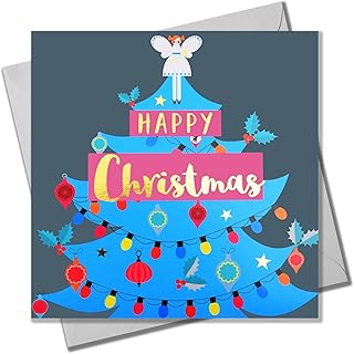 Christmas card, fairy on a blue tree, text foiled in shiny gold.. Your ideal shopping companion, DIAYTAR NIGERIA offers unmatched variety with delivery within a week.