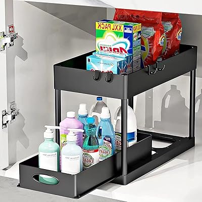 Wegood storage basket under cabinet with 2 sliding levels under the sink for kitchen and bathroom (black).. DIAYTAR NIGERIA: Connecting Nigerians with affordable products through our expansive e-commerce platform.